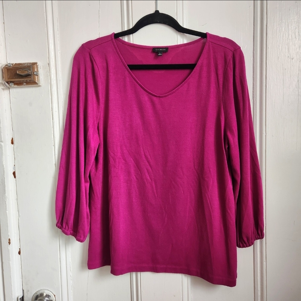 Talbots Magenta 3/4 Sleeve V-Neck Top Casual Work Wear Large